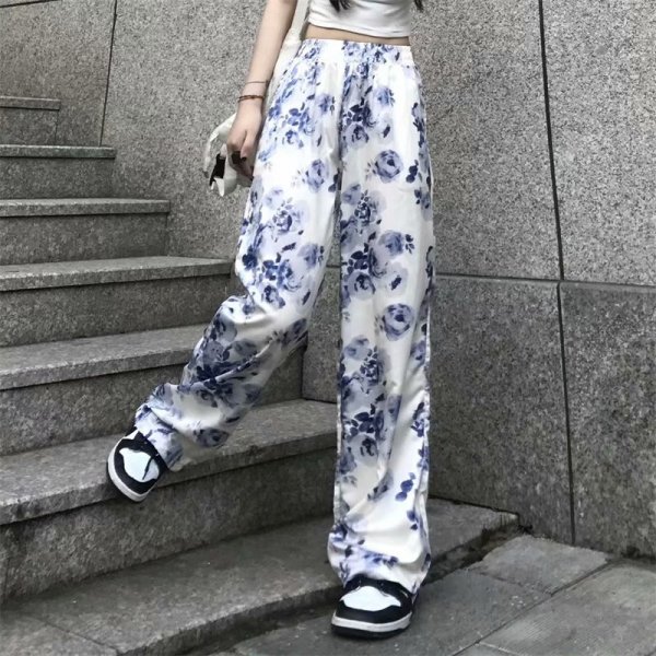 Tie-Dyed Floral Wide-Leg Pants Women Loose and Casual Mopping the Floor