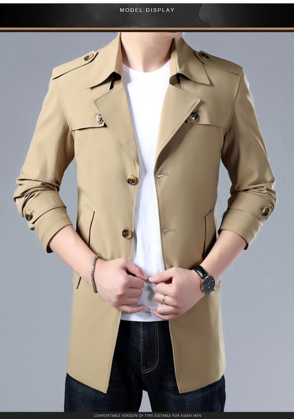 Spring and Autumn Men's Trench Coat with Buttons Top Quality Jacket Slim Regular Classic Jacket