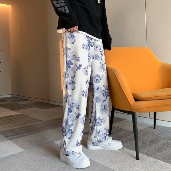 Tie-Dyed Floral Wide-Leg Pants Women Loose and Casual Mopping the Floor